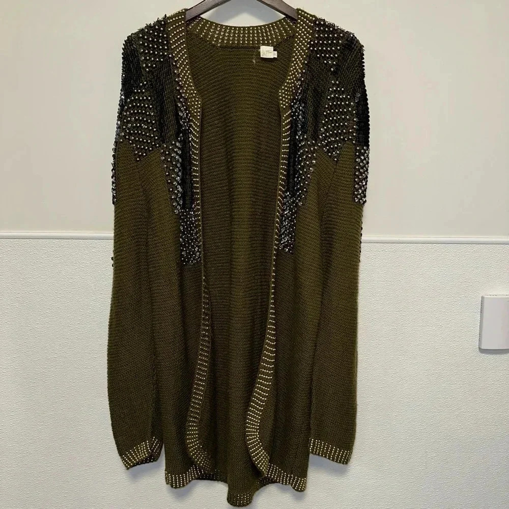 Women's Missing Tag Cardigan M Olive Green Gold Beaded Wool